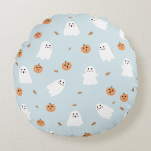 Cute Ghost & Pumpkin Blue Halloween Pattern Round Pillow