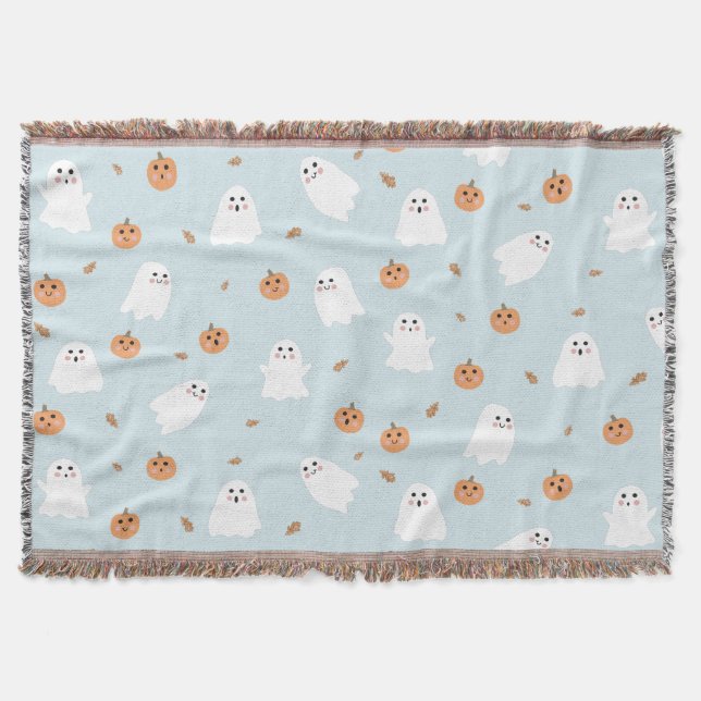 Cute Ghost & Pumpkin Blue Halloween Pattern Throw Blanket (Front)