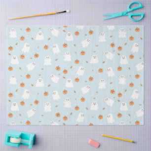 Cute Ghost & Pumpkin Blue Halloween Pattern Tissue Paper