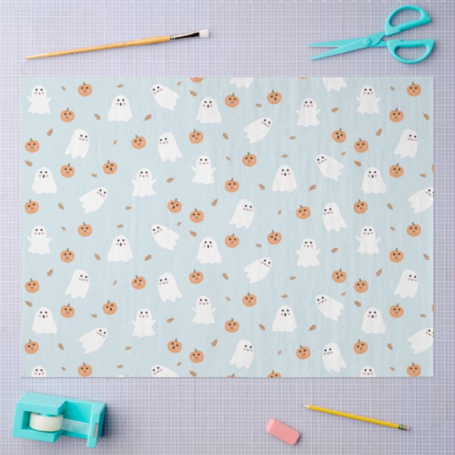 Cute Ghost & Pumpkin Blue Halloween Pattern Tissue Paper (Craft)