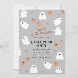 Cute Ghost & Pumpkin Grey Halloween Party Invitation