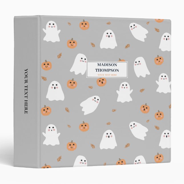 Cute Ghost & Pumpkin Grey Halloween Pattern Binder (Front/Spine)