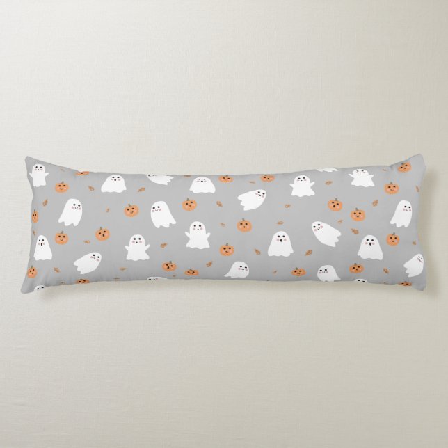 Cute Ghost & Pumpkin Grey Halloween Pattern Body Pillow (Front)