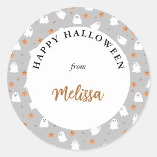 Cute Ghost & Pumpkin Grey Halloween Pattern Classic Round Sticker