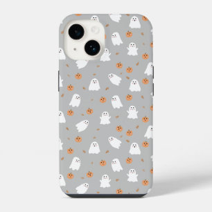 Cute Ghost & Pumpkin Grey Halloween Pattern iPhone 14 Case