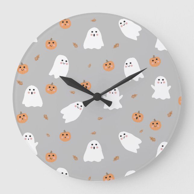Cute Ghost & Pumpkin Grey Halloween Pattern Large Clock (Front)