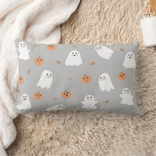 Cute Ghost & Pumpkin Grey Halloween Pattern Lumbar Pillow