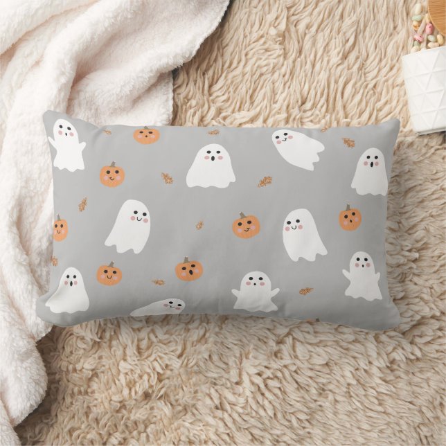 Cute Ghost & Pumpkin Grey Halloween Pattern Lumbar Pillow (Blanket)