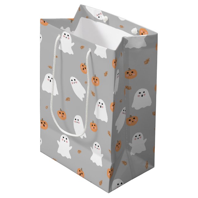 Cute Ghost & Pumpkin Grey Halloween Pattern Medium Gift Bag (Front Angled)