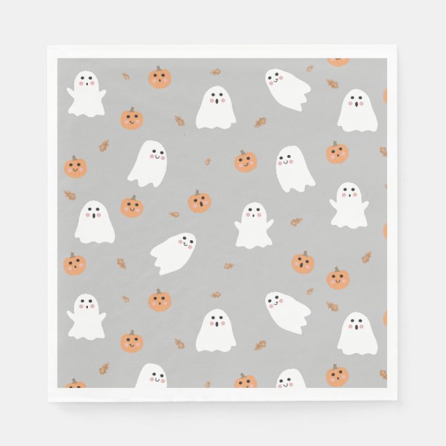 Cute Ghost & Pumpkin Grey Halloween Pattern Napkin (Front)