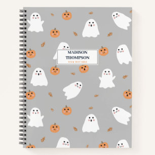 Cute Ghost & Pumpkin Grey Halloween Pattern Notebook