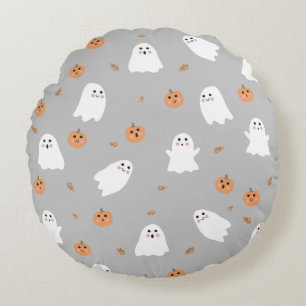 Cute Ghost & Pumpkin Grey Halloween Pattern Round Pillow