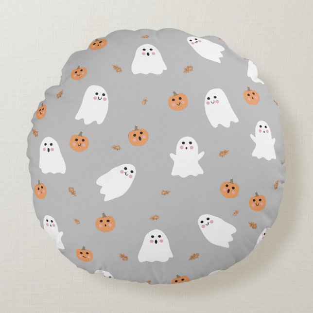 Cute Ghost & Pumpkin Grey Halloween Pattern Round Pillow (Front)