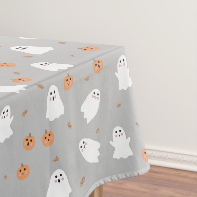 Cute Ghost & Pumpkin Grey Halloween Pattern Tablecloth (In Situ)