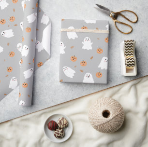 Cute Ghost & Pumpkin Grey Halloween Pattern Wrapping Paper