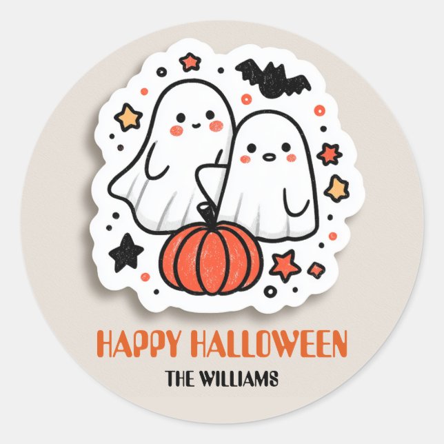 Cute Ghost & Pumpkin Halloween Classic Round Sticker (Front)