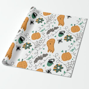 Cute Ghost Pumpkin Halloween Doodle Illustrations Wrapping Paper
