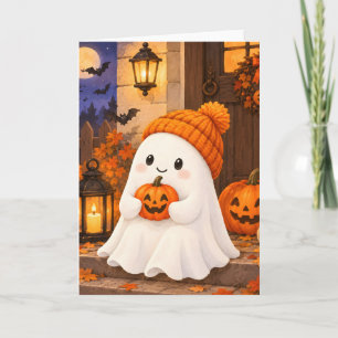 Cute Ghost Pumpkin Halloween Fall Scene Card