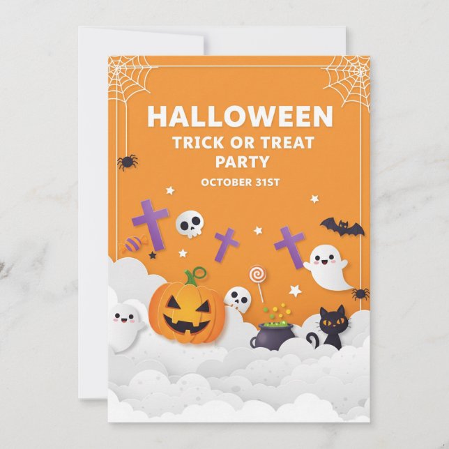 Cute Ghost & Pumpkin Halloween Invitation (Front)