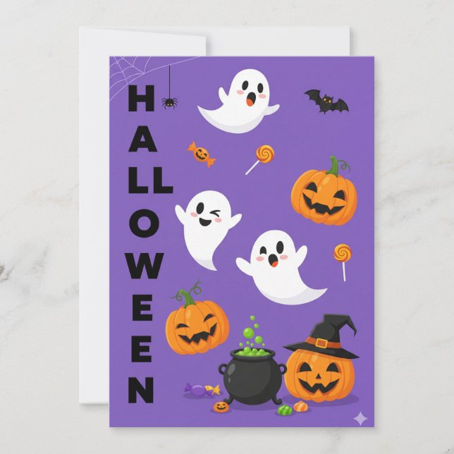 Cute Ghost & Pumpkin Halloween Invitation (Front)
