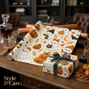 Cute Ghost & Pumpkin Halloween Pattern Wrapping Paper