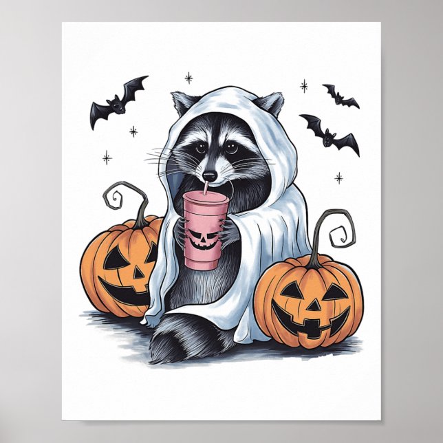 Cute Ghost Pumpkin Halloween Raccoon Costume Racco Poster (Front)