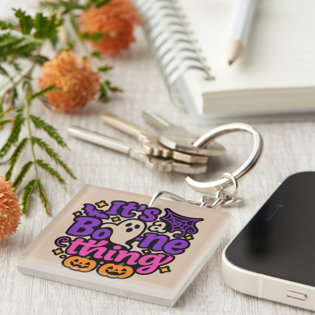 Cute Ghost & Pumpkin -Happy Halloween Keychain (Front Right)