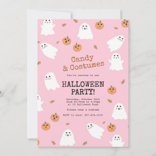 Cute Ghost & Pumpkin Pink Halloween Party Invitation