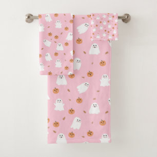 Cute Ghost & Pumpkin Pink Halloween Pattern Bath Towel Set