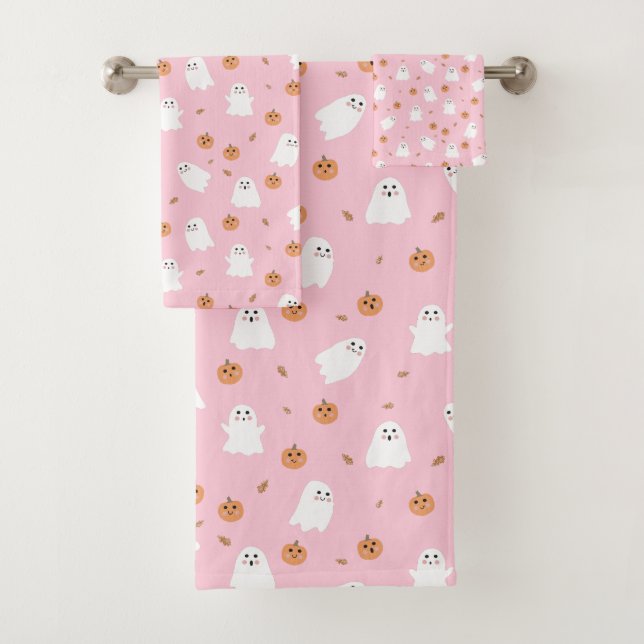 Cute Ghost & Pumpkin Pink Halloween Pattern Bath Towel Set (Insitu)
