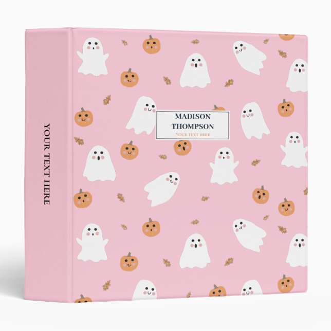 Cute Ghost & Pumpkin Pink Halloween Pattern Binder (Front/Spine)