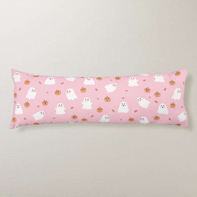 Cute Ghost & Pumpkin Pink Halloween Pattern Body Pillow (Front)