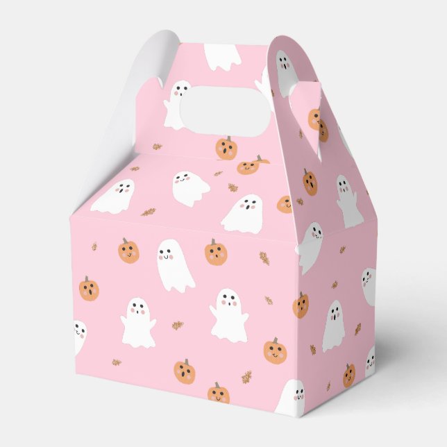 Cute Ghost & Pumpkin Pink Halloween Pattern Favor Box (Front Side)