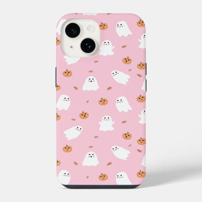 Cute Ghost & Pumpkin Pink Halloween Pattern iPhone Case (Back)