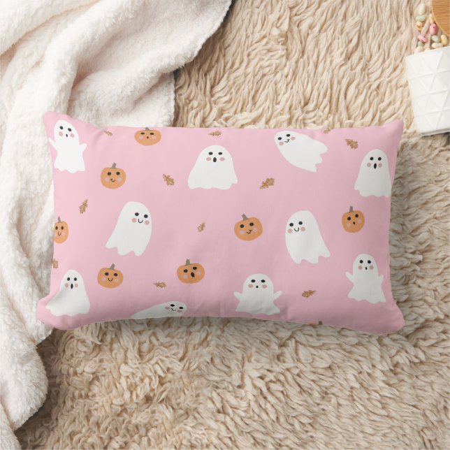 Cute Ghost & Pumpkin Pink Halloween Pattern Lumbar Pillow (Blanket)