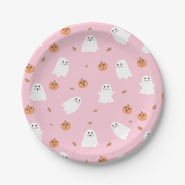 Cute Ghost & Pumpkin Pink Halloween Pattern Paper Plate (Front)