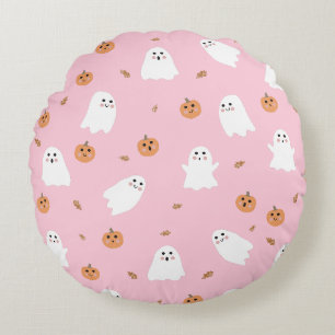 Cute Ghost & Pumpkin Pink Halloween Pattern Round Pillow