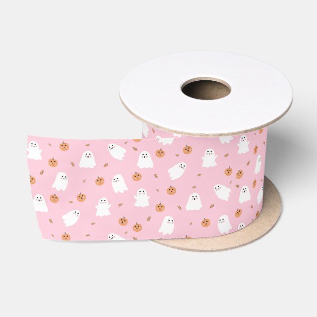 Cute Ghost & Pumpkin Pink Halloween Pattern Satin Ribbon (Spool)