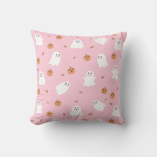 Cute Ghost & Pumpkin Pink Halloween Pattern Throw Pillow (Front)