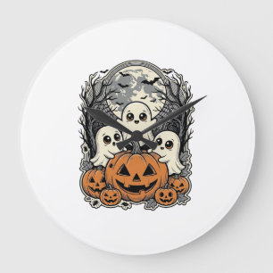 Cute Ghost Pumpkin Shirt Vintage Engraving Hallowe Large Clock
