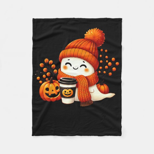 Cute Ghost Pumpkin Spice Cup Halloween Fall Drink  Fleece Blanket (Front)