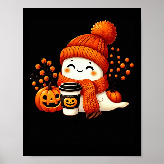 Cute Ghost Pumpkin Spice Cup Halloween Fall Drink  Poster (Front)