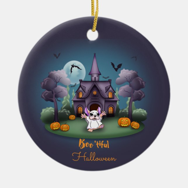 Cute ghost pumpkins Haunted House Halloween Ceramic Ornament (Front)