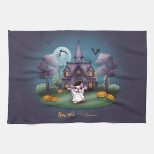 Cute ghost pumpkins Haunted House Halloween Kitchen Towel