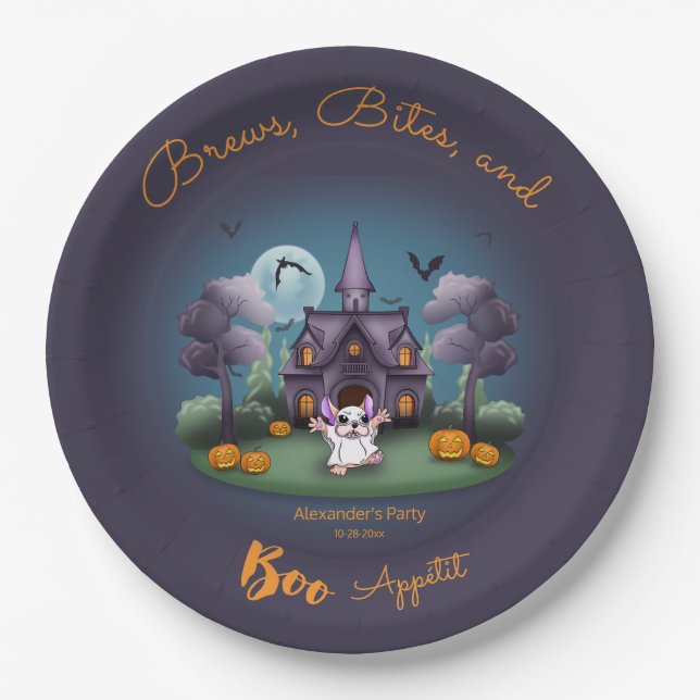 Cute ghost pumpkins Haunted House Halloween Paper Plate (Front)
