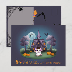 Cute ghost pumpkins Haunted House Halloween Postcard