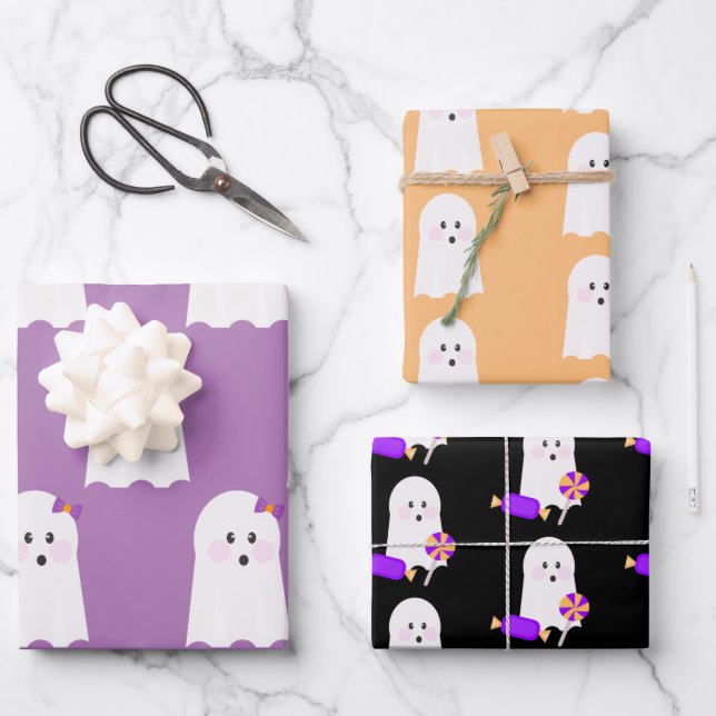 Cute Ghost Purple Orange Halloween Ghoul Wrapping Paper Sheet (Front)