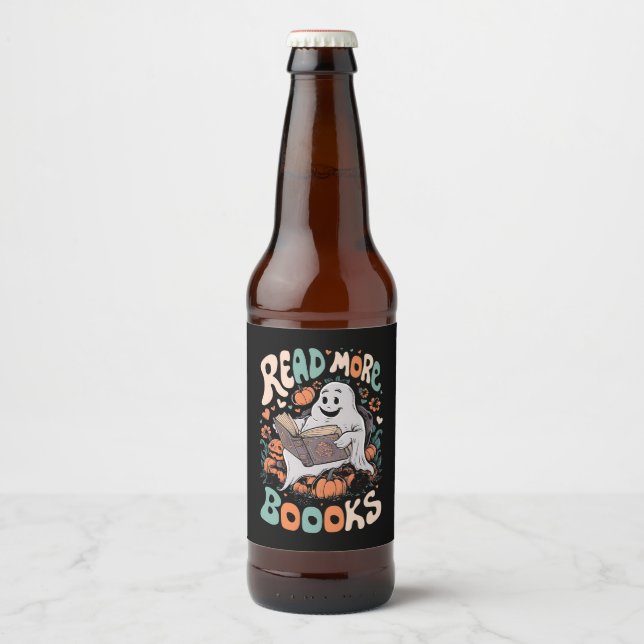 Cute Ghost Read More Books Teacher Halloween  Beer Bottle Label (Front)
