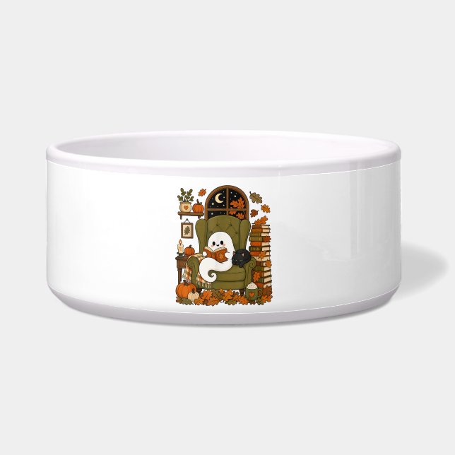 Cute Ghost Reading Book Black Cat Fall Pumpkin (Front)
