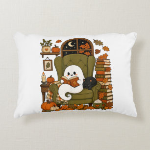 Cute Ghost Reading Book Black Cat Fall Pumpkin Accent Pillow